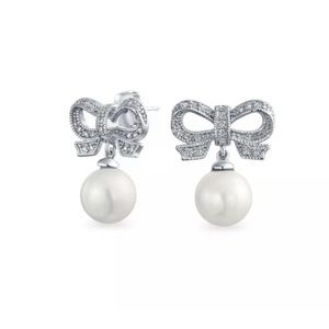 Bling Jewelry Bridal Ribbon Bow CZ White Imitation Pearl Earrings Silver Plated